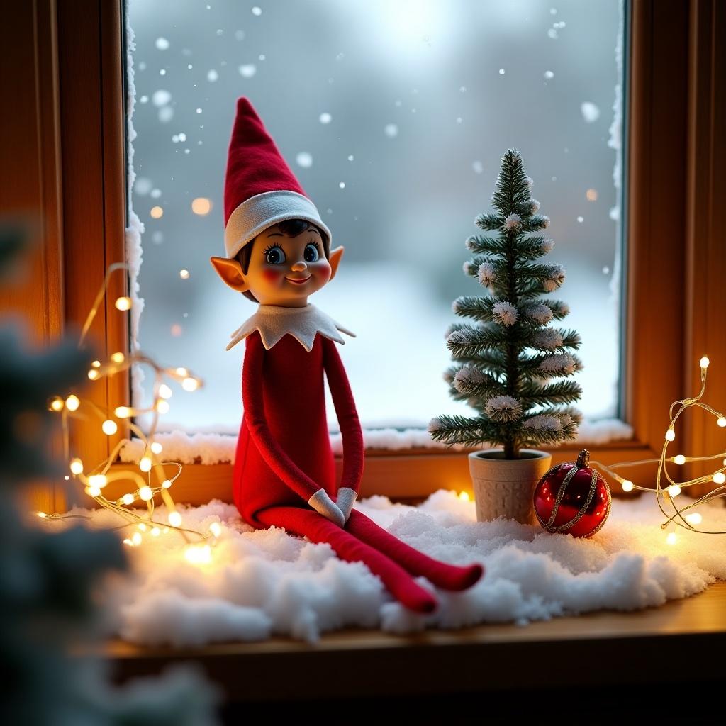 This image features a charming elf doll sitting on a snowy window ledge. The elf, dressed in a bright red outfit and a pointed hat, has a cheerful expression. Surrounding the elf are festive decorations, including a miniature Christmas tree and twinkling fairy lights that create a warm glow. The snow outside the window adds to the holiday atmosphere. In the snow, the name 'Olivia-Rose' is elegantly written, enhancing the personal touch of the scene. Perfect for capturing the essence of Christmas magic.