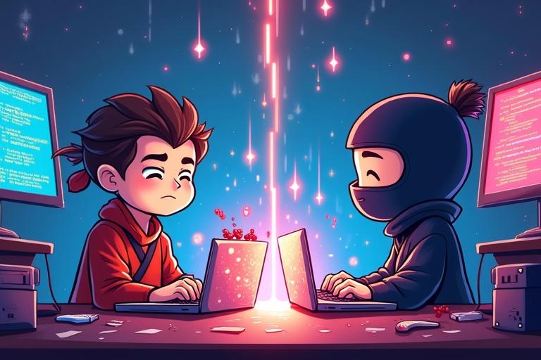 Illustration depicting beginner programmer on left. Cartoon character confused with messy laptop has bugs and error messages. On right, coding ninja appears confident with organized monitors and tech motifs. Center has dynamic transformation effect showing growth. Background blends ancient dojo with modern tech. Cartoon style with bold colors appeals to Arabic-speaking audience.