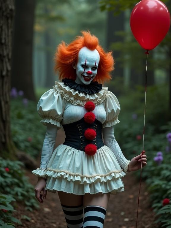 Female Pennywise cosplay in a dark forest. Bright orange hair, pale skin, red eyes and smile. Ruffled white mini dress and striped corset. Holding a red balloon. Surrounded by green foliage and flowers.