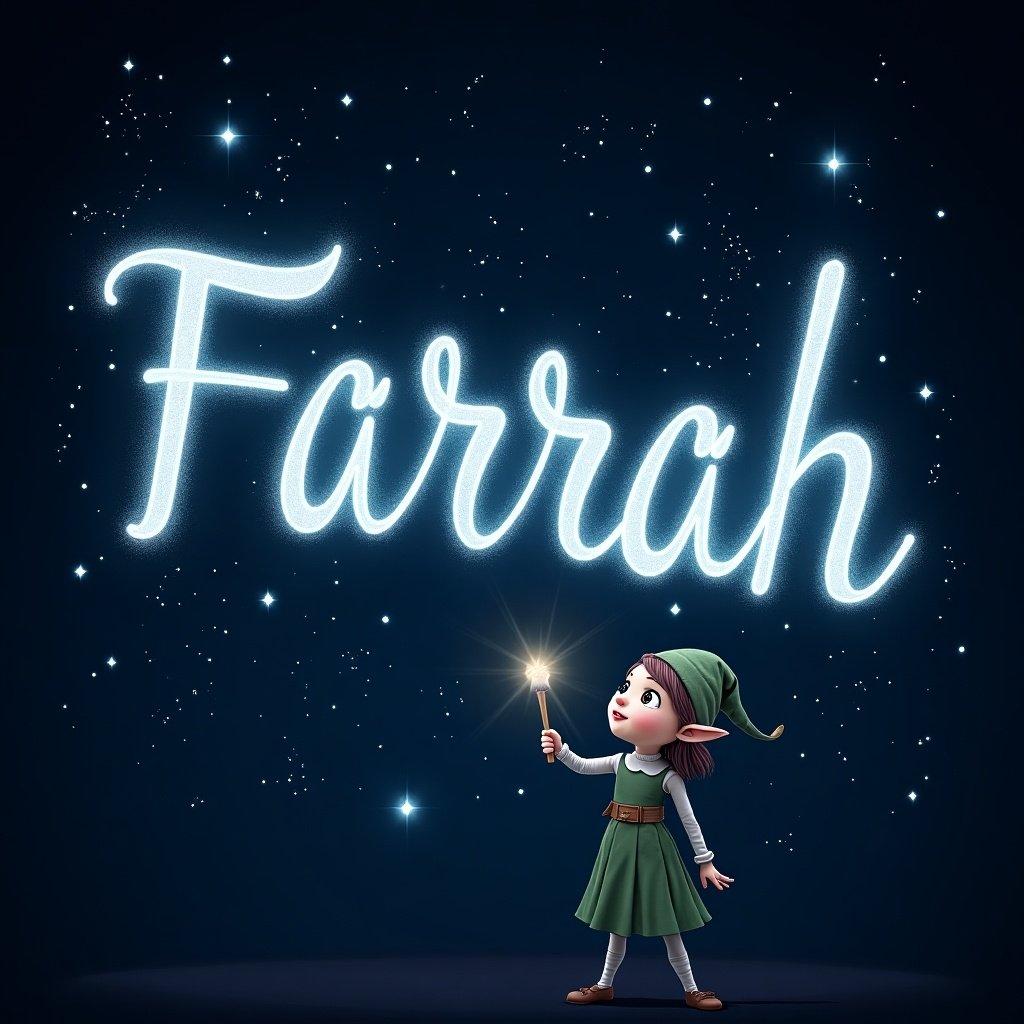 An elf is crafting names in sparkling text using a magical wand. The name 'Farrah' shines brightly against a starry backdrop. The dark sky enhances the visibility of the glowing letters. This enchanting scene portrays magic and invites viewers into a fairy tale world. It sparks the imagination with its whimsical atmosphere.