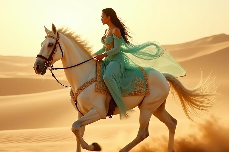 In the desert, a white Arabian horse carries a graceful Arabian princess. The princess wears a turquoise outfit with gold embroidery. The scene captures her silhouette in motion against the golden dunes. Her hair flows behind her as they ride dynamically through the landscape.