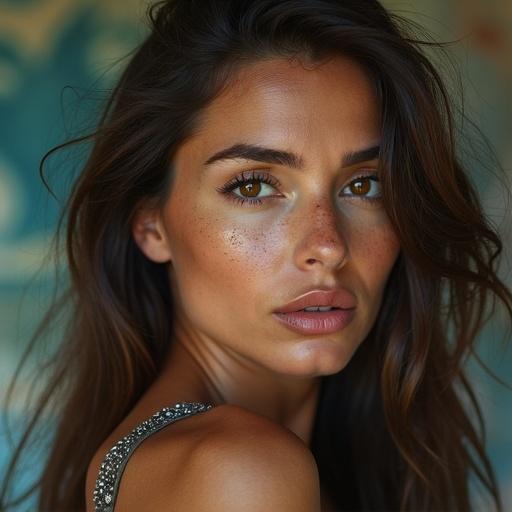 A woman with long brown hair showing a broken nose. The image captures the resilience and beauty of the subject. The focus on her shoulder and hair adds depth to the portrait.