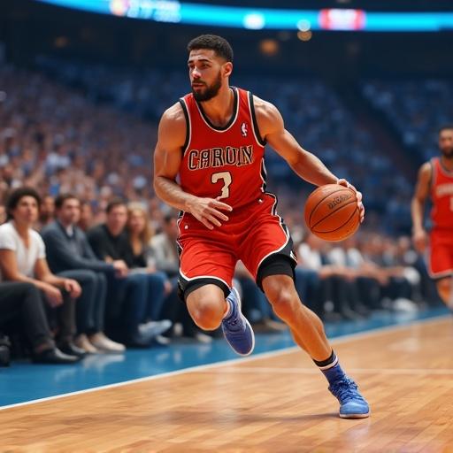 Image shows a basketball player dribbling the ball in a competitive arena. Background includes spectators watching the game. He wears a red jersey with black accents. Intense focus visible in his posture. Bright lighting enhances the vibrant scene.