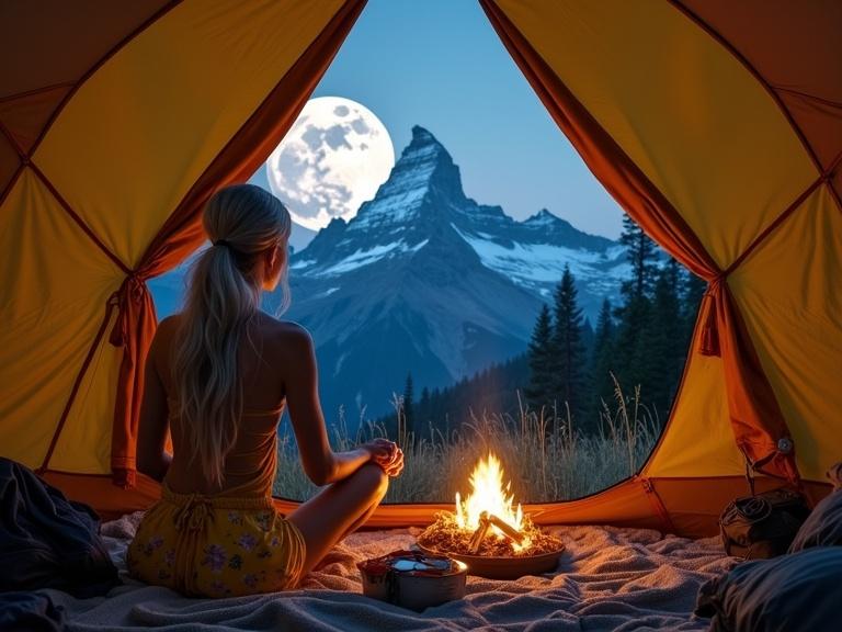 Inside a spacious tan canvas tent, a female sits near the entrance gazing at an alpine vista under a large moon. A small fire burns in a metal container, casting light around. A snow-capped mountain peak is visible outside. Tall grasses and trees surround the tent, and fireflies drift nearby.