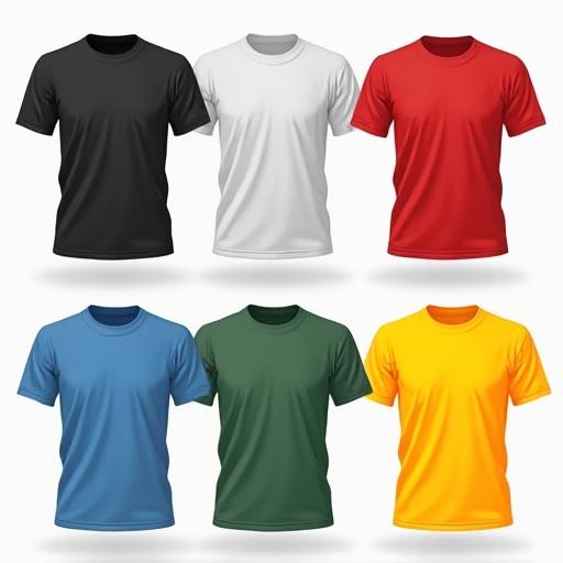 Flat design of eight t-shirt color swatches in a grid. Colors include black white red blue green yellow. Each t-shirt shown without patterns. Simple and clean style. Designed for clothing industry use.