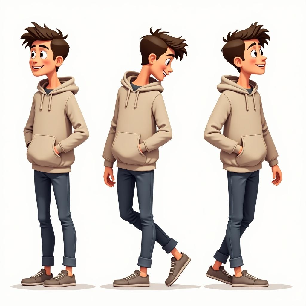 Animated teenage boy wearing a hoodie. Full body view with varying poses. Boy looks left and right. Casual clothing style. Emphasize youthfulness and playfulness.