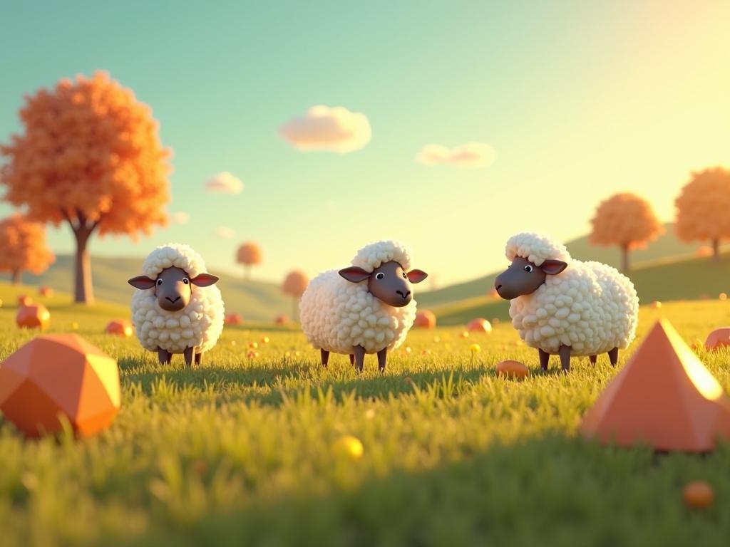 Whimsical sheep resembling Archimedean solids in vibrant pastel pasture. Scene features bright colors and cinematic lighting. Sheep graze among colorful geometric shapes under a clear sky.