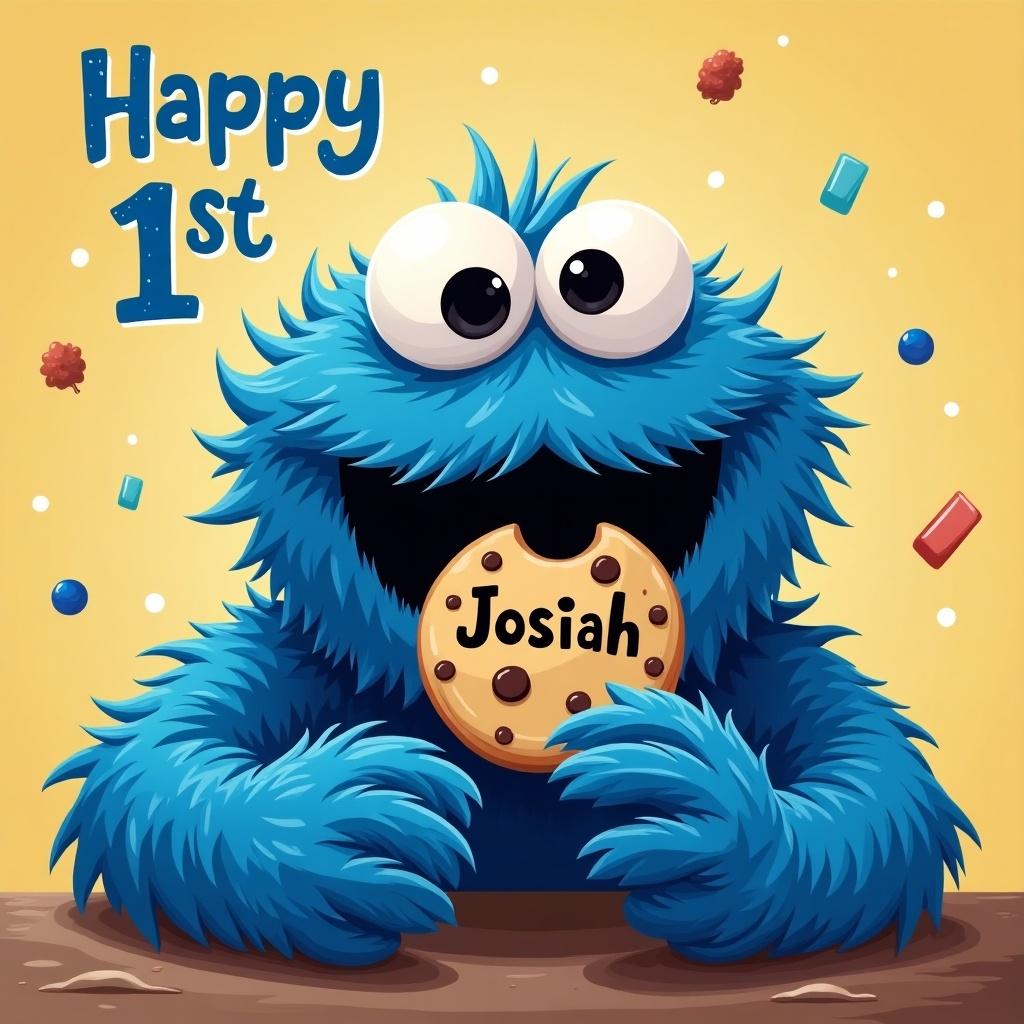 Happy 1st Birthday celebration with a blue furry Cookie Monster character joyfully holding a cookie with the name Josiah written on it. Background is cheerful and colorful with sprinkles.