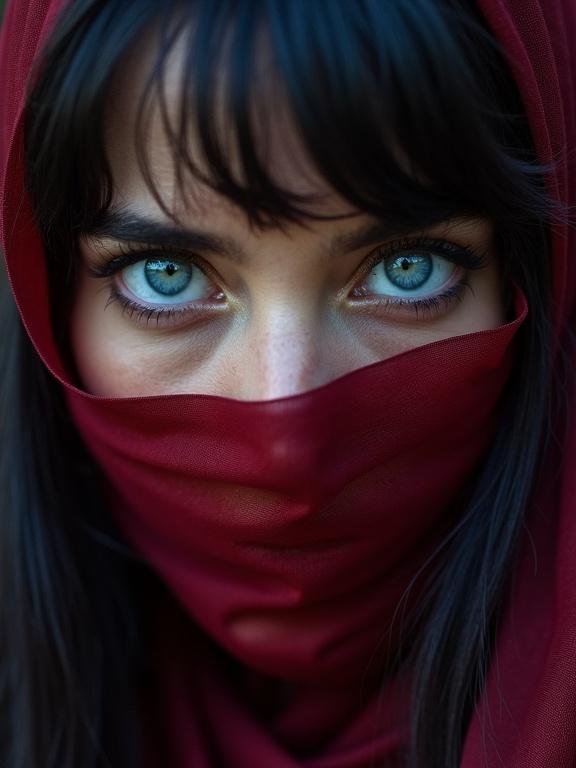 Cinematic film still of vintage fashion photography. Woman with turquoise eyes. Deep wine translucent scarf partially covers face. Perfect body and anatomy. Sharp detailed cinematic image. High quality photography. Vintage fashion style from the 1960's, 1970's, 1980's, 1990's. Close-up portrait with eye focus and covered mouth. Long black hair drapes over one eye. Shallow depth of field with vignette effects. Highly detailed with film grain and cinematic colors.