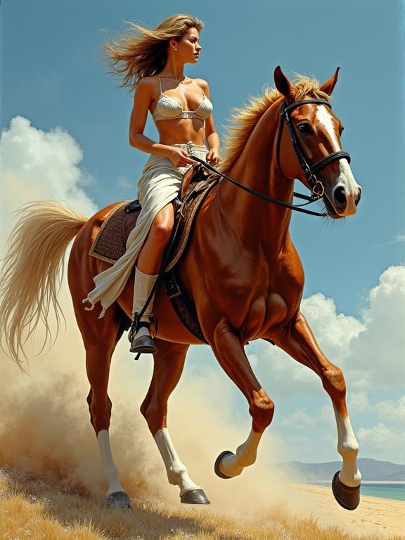 Ultrarealistic depiction of a woman riding a horse. The scene is vibrant and captures the motion of the horse galloping. The woman wears a stylish outfit and the background features a sunny sky and landscape.