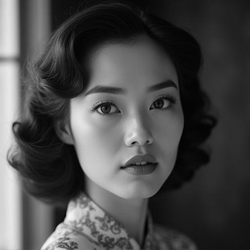 Close-up portrait of a woman in 1940s Shanghai. She wears an elegant retro cheongsam. Her hair features soft waves. The makeup is vintage and subtle. She expresses poise and grace. The image has a black and white film style. Soft shadows and nostalgic lighting enhance the mood.