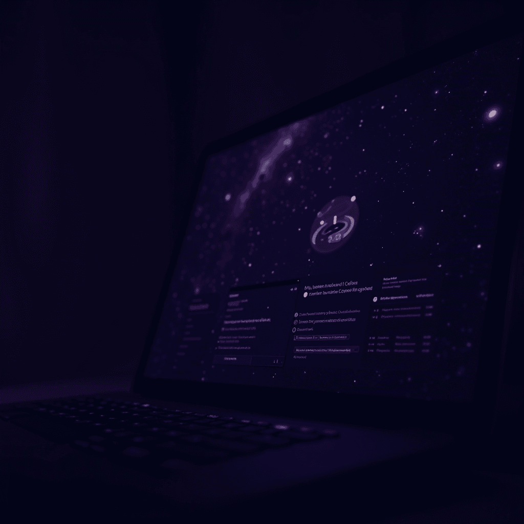 A laptop screen displaying a cosmic-themed user interface with a space background.