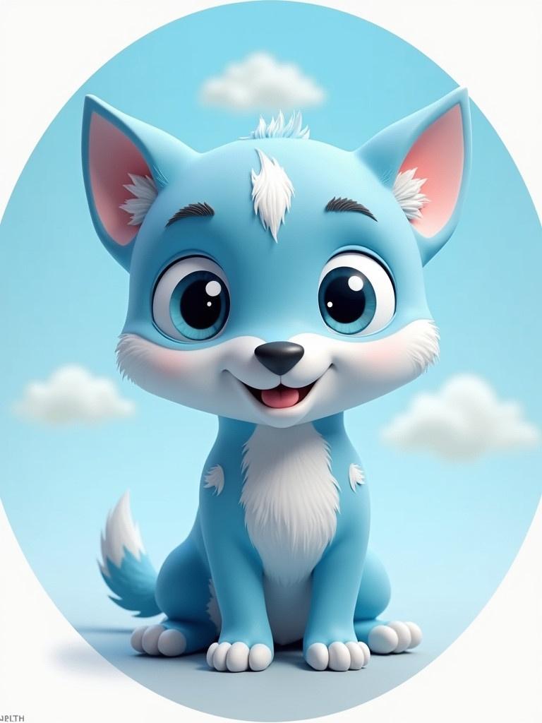 Cute blue dog character sits against a light blue background with fluffy clouds. The design is simple and colorful aiming for a playful aesthetic. The image includes a distinctive round shape. Akita text appears. 3Dmeme coin style gives a playful and modern look.