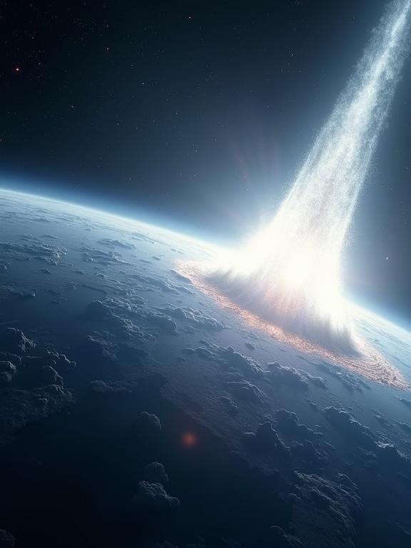 A hyper-realistic cinematic view from above Earth's atmosphere. Earth is prominent in the foreground. A massive white comet is approaching the planet. Its glowing coma conceals its nucleus. A radiant bluish tail extends behind. A shockwave forms where it contacts the atmosphere, with fiery plasma emerging. Stars faintly appear above the horizon, and the Earth's curvature emphasizes the scale of the collision.