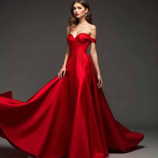 Fancy lady wearing a stylish red dress with an elegant design. The dress has a flowing bottom and an off-shoulder style. The background is neutral to emphasize the dress.