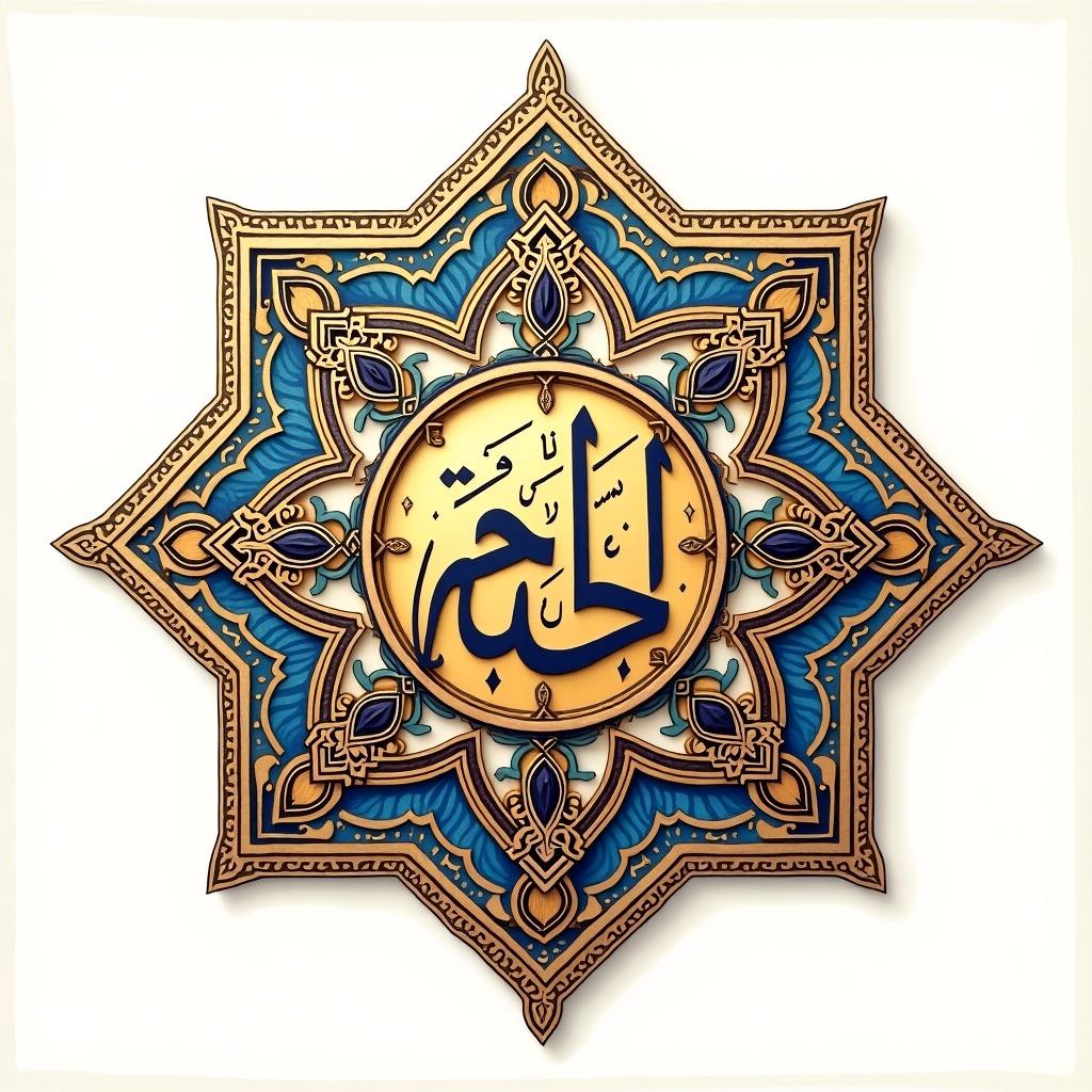 Decorative artwork featuring Islamic calligraphy. Central design surrounded by intricate geometric patterns. Colors include gold and turquoise in a star motif. Reverence for cultural heritage.