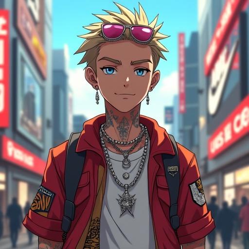 Anime setting in 2121. Portrait of a handsome man 28 years old. Silver eyes and short light brown spiky hair with a ponytail. Wears light pink diamond jewelry and hi-tech hip hop streetwear. Restaurant background in Ginza with modern Nike store. Character is muscular with tattoos, sunglasses on forehead, and 6 pack abs. Morning scene in spring and an A-list celebrity.