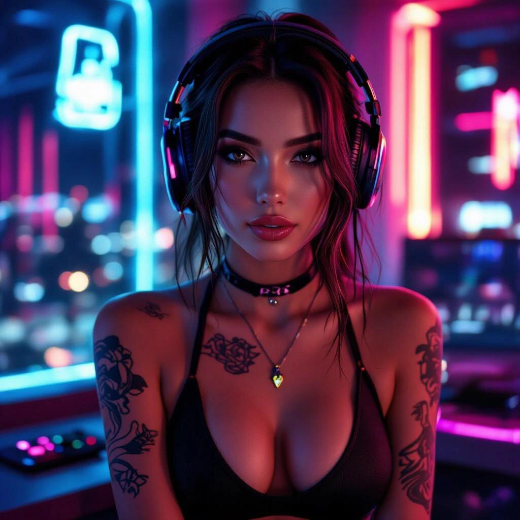 Future scene with a cute tattooed gamer woman looking away. She wears a halter top in a luxury tech neon penthouse suite. The setting has vibrant colors and modern technology.
