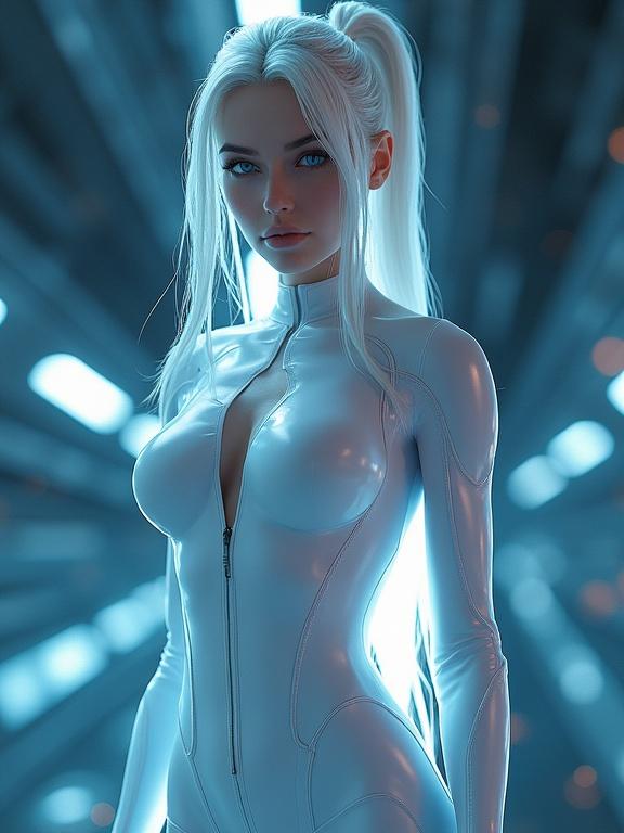Futuristic character portrait in form-fitting bodysuit. High cut design accentuates figure. Long white hair styled in a ponytail. Light blue eyes create an intense gaze. Dynamic RGB LED background adds dramatic effect. Created using advanced rendering techniques. Perfect for sci-fi themes and fashion.