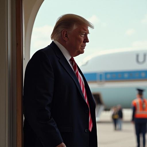 Trump opens the door of Air Force One. He stands at the entrance. Background shows Air Force One parked. Natural lighting. Looks serious. Focus on Trump in the doorway.