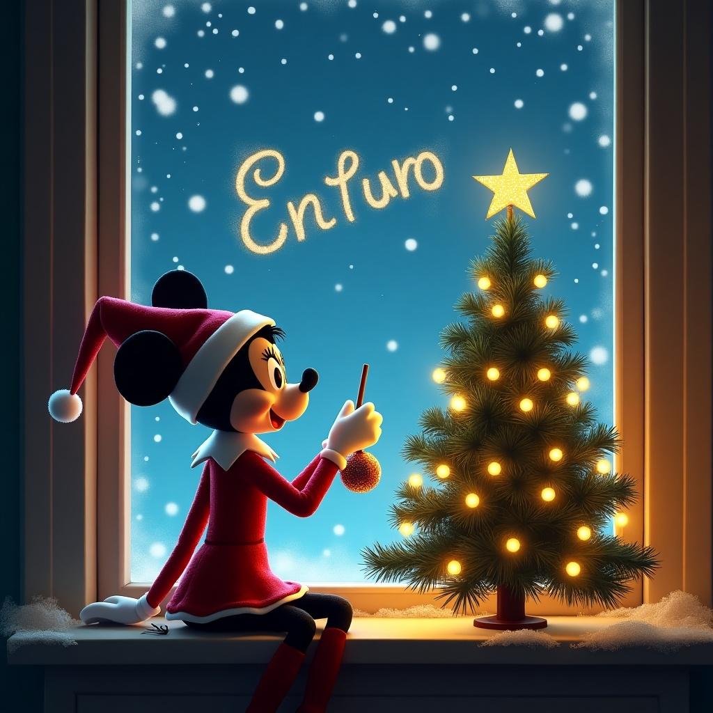 Minnie Mouse decorates a Christmas tree. She holds an ornament and smiles joyfully. A window displays a starry night sky with the word 'Enturo'. Snowflakes are falling outside. Window has glowing lights creating a festive atmosphere. Scene evokes a warm, joyful mood.