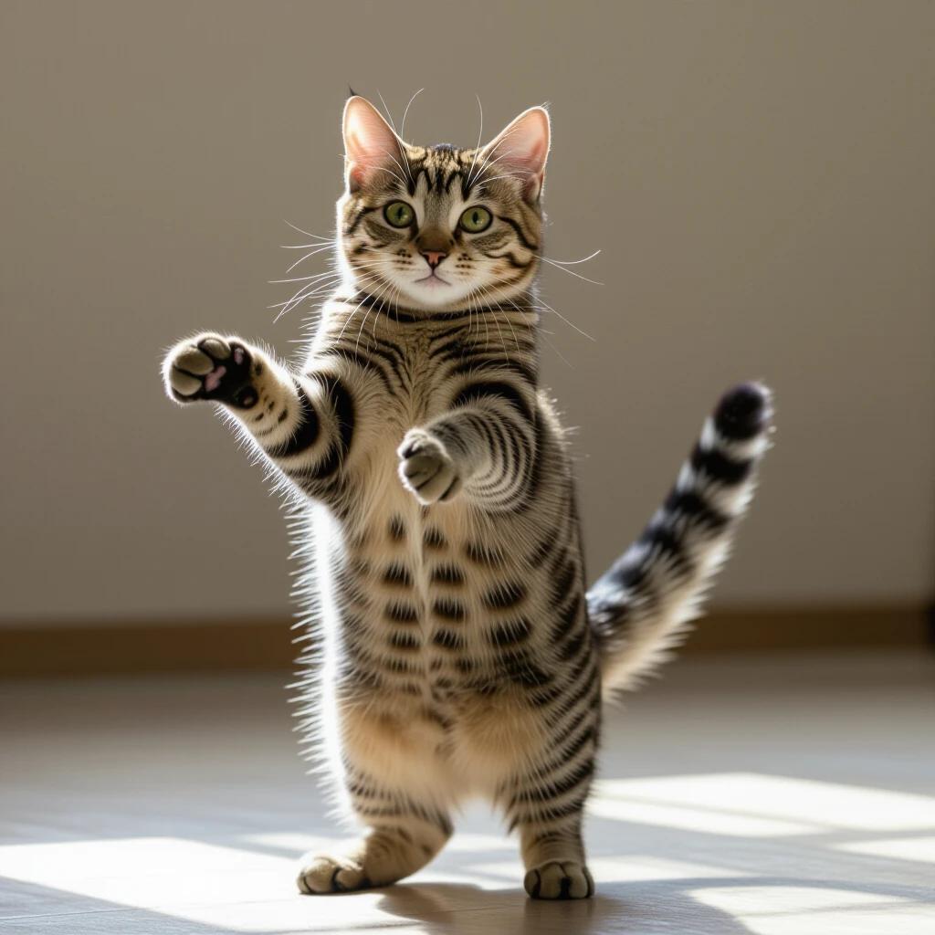 A cat stands upright with paws raised in a playful dancing pose. The background features soft natural lighting.