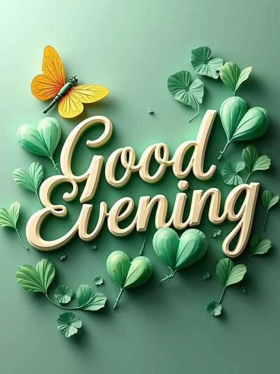 3D typography design of the phrase Good Evening. Captivating flowing script font. Letters crafted with green and light white. Warm inviting aura. Two green mint hearts around design. Green and yellow dragonfly above E. Soft dark backdrop enhancing brilliance. Handwritten small letters by Muny Vathana above Evening.