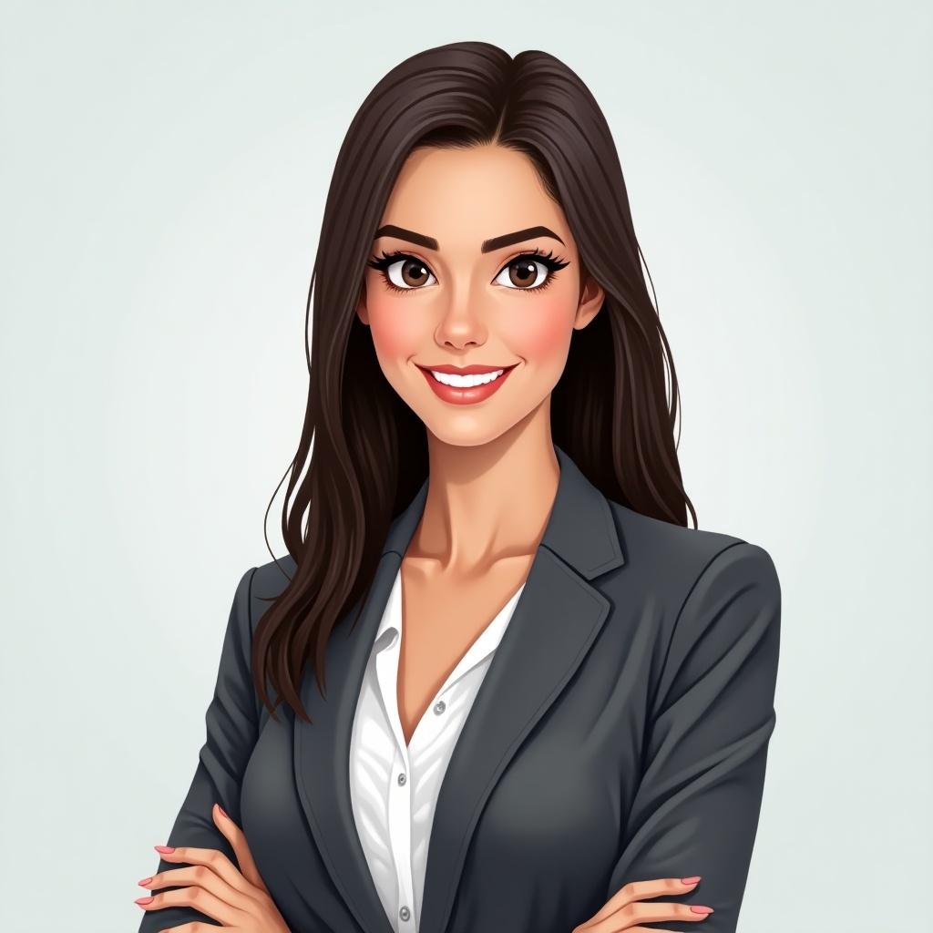 Create a professional female avatar in her 30s. She has dark brown straight hair and brown eyes. Skin tone is slightly tanned. Wearing a modern neutral blazer paired with a white blouse. Expression is friendly but serious, conveying focus and leadership. Background is clean and minimalistic.