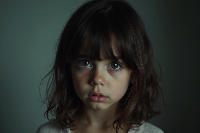 Image depicts a sad girl with a forlorn expression. Focus is on her face. She has wavy hair and a serious look. The background is softly blurred. Lighting enhances her sad emotion.
