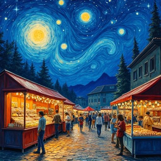 Swirling night market under expressive skies featuring Van Gogh-inspired brushwork.