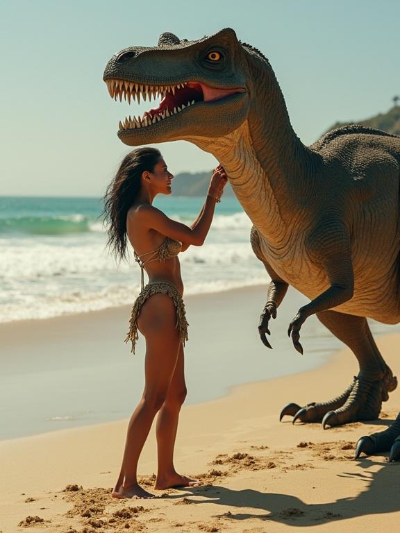 A young tribal girl dancing on a hot sandy beach. She has tanned skin and a soft smile. A large dinosaur is peacefully interacting with her. The scene is serene with ocean waves in the background and strong sunlight illuminating the moment.