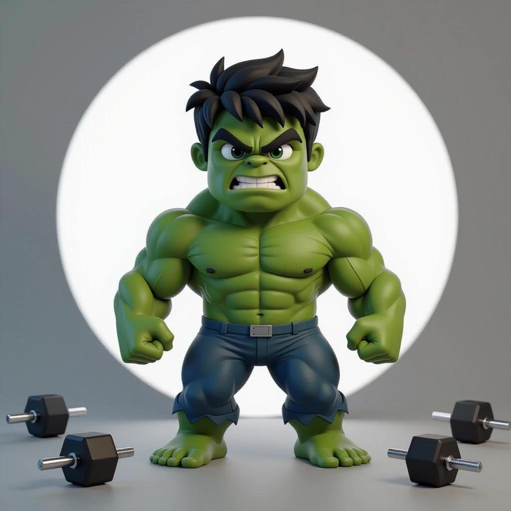 3D cartoon representation of a muscular character with exaggerated features. Green skin and wearing shorts. Positioned on a plain background with weights around the base.
