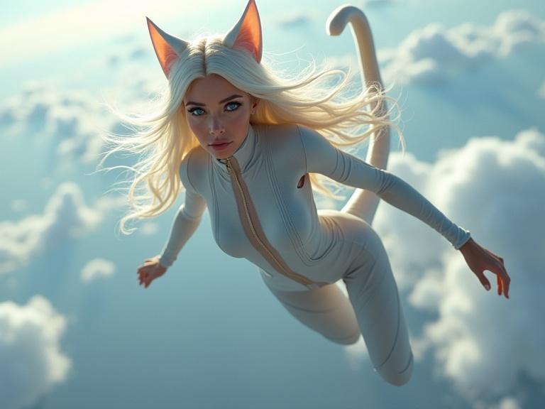 Photorealistic image of a muscular woman flying in a futuristic uniform. Long platinum blonde hair flowing in the air. Cat ears and tail matching her hair color. Beautiful dimples and full lips. Set in the upper atmosphere with clouds below.