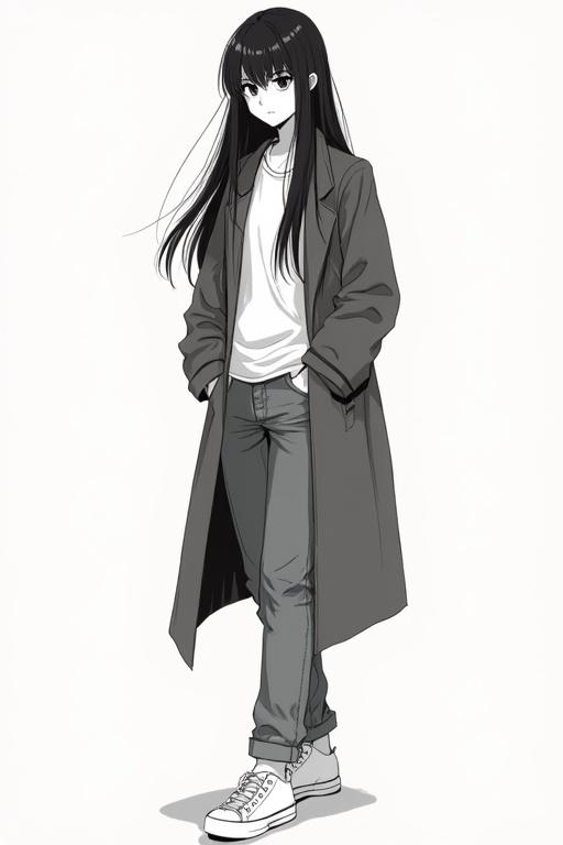 Illustration of an independent female character in manga style. Character has very long hair and a piercing gaze with slightly furrowed brows. She wears a long coat, straight jeans, and white sneakers reflecting a minimalist fashion aesthetic. The character gives off an introspective and skeptical vibe.
