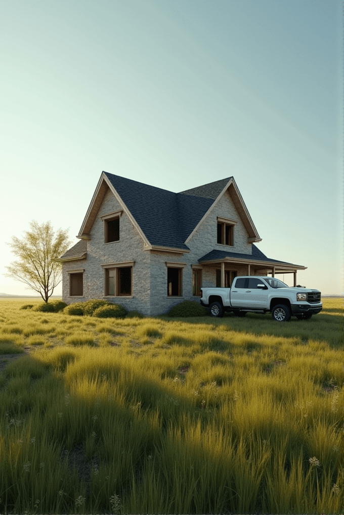 A modern stone house with a gabled roof sits amidst a lush grassy field under a clear sky, accompanied by a white pickup truck parked beside it.