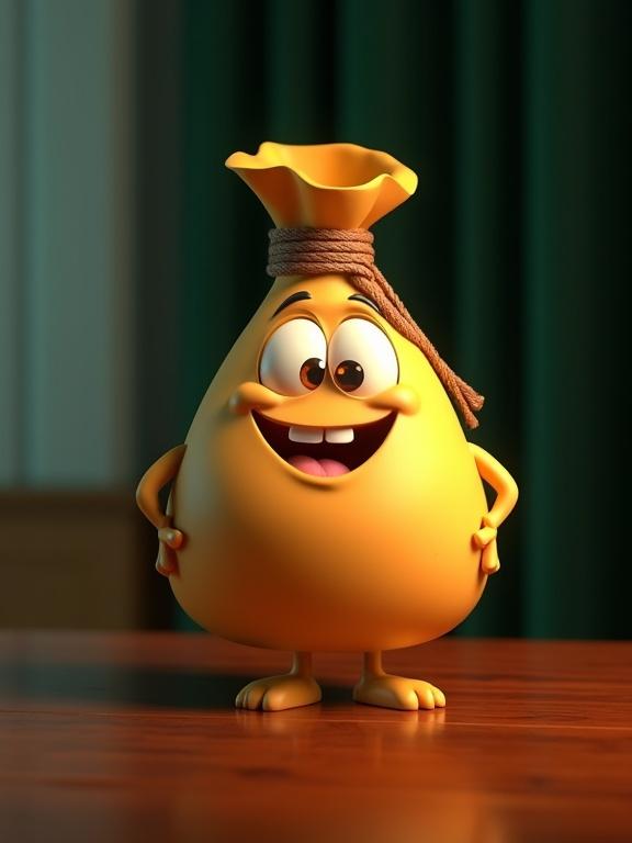3D cartoon-style photograph of a large golden-brown money bag named 'Benne'. The bag stands upright on a polished mahogany table. The brown rope is tied. The bag has tiny arms and legs. Wide sparkling eyes and a beaming smile. Positioned against dark green velvet curtains. Illuminated by a soft spotlight.