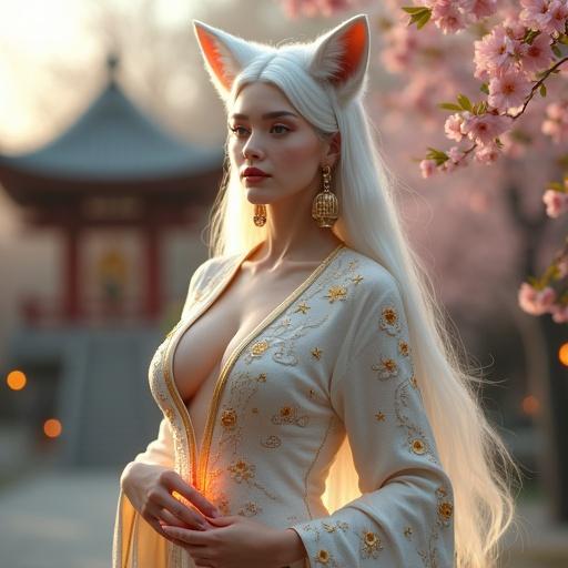 Mid-shot of a divine fox goddess. Form-fitting ceremonial garment blends traditional and modern fantasy. Smooth silk-like fabric reflects moonlight. Intricate gold and silver embroidery of stars, clouds, and moons. Flowing sleeves and collar. Fox-like features with golden pupils and markings. Fluffy white fox ears and long hair. Gazing forward with intensity, one hand over chest, other offering a glowing bell. Cherry blossoms and spirit flames surround her. Blurred sacred forest shrine in background.