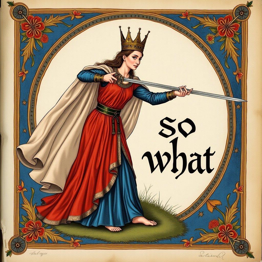 Medieval illuminated manuscript features a queen swinging a sword. Illustration depicts a powerful queen in a colorful gown. Background includes floral designs. Text states 'so what'.