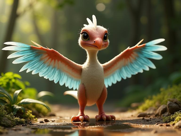 Official Pixar character design sheet for Baby Microraptor featuring detailed anatomy of wings and face. Set in a prehistoric jungle environment with vibrant lighting and textures.