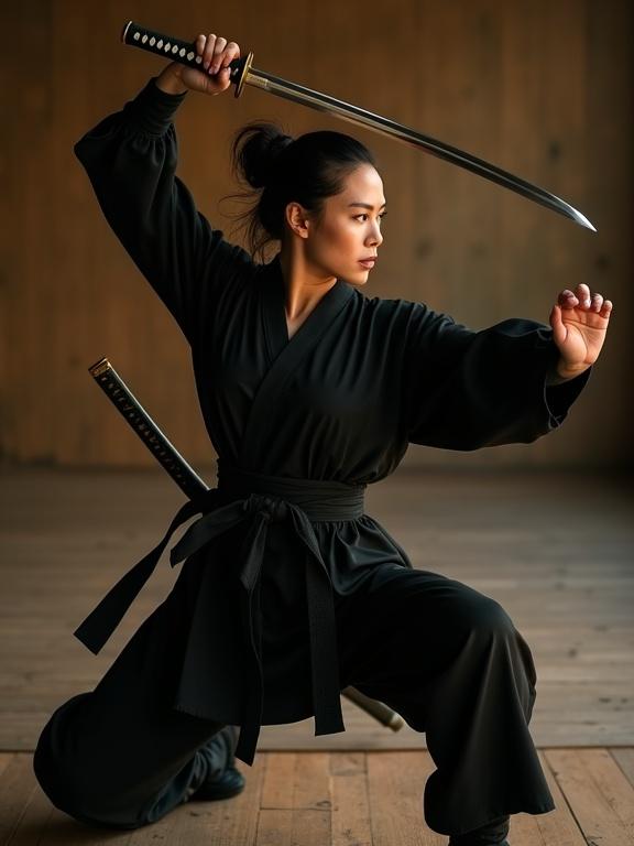 Young woman in a dynamic kung fu stance grips a katana blade raised above her shoulder. Left hand extended forward for balance. Body angled sharply to the side with left knee bent low. Right leg extended straight back. Visible muscle tension in forearms with realistic joint angles. Wearing a black martial arts outfit. Katana blade has a metallic shimmer. Film style resembles Kodak Portra 400. Soft shadows and textured grain enhance detail.