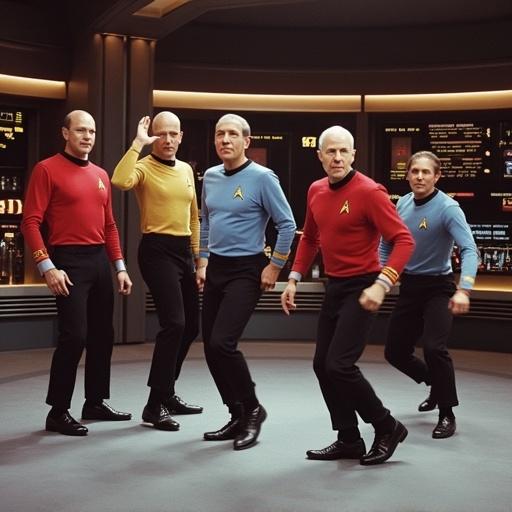 Grainy image showing star trek vulcans performing gangnam style dance on bridge of enterprise