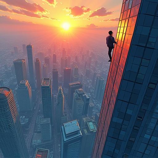Dizzy person near the edge of a skyscraper looking down. Dramatic perspective of city below. Vibrant sunset colors. Cartoon illustration style.