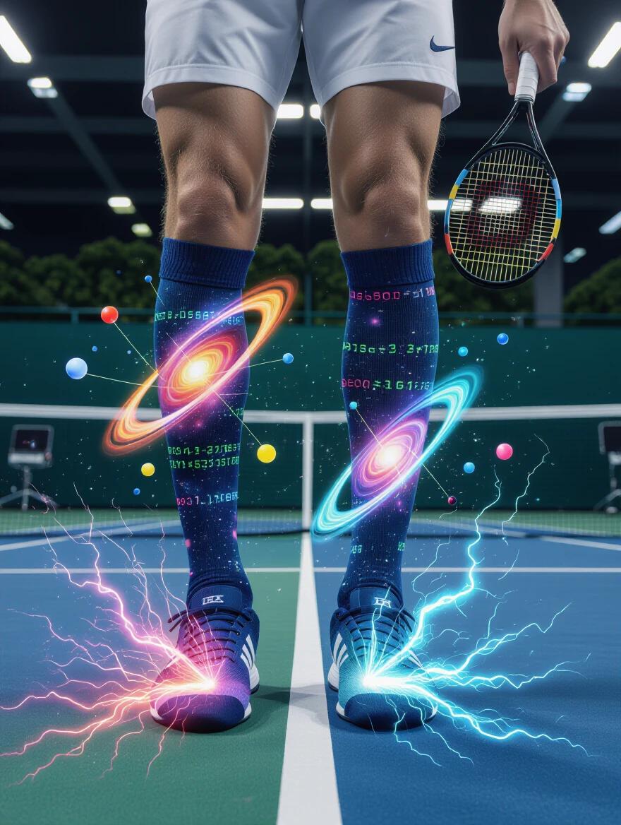 Surreal tennis match photograph of a player wearing crew socks. Socks visualize quantum particle physics. Atomic particle trails and energy fields are visible. Swirling galaxies of subatomic particles orbit around the player's legs. Quantum field equations scroll across the fabric. Each tennis movement causes particle collision effects. Energy bursts and dimensional rifts appear around the ankles. Tennis court resembles a particle accelerator laboratory. Scientific equipment lines the sidelines. Electromagnetic auroras surround the player. Reality bends around quantum technology. Shot in a physics laboratory converted into a tennis court.
