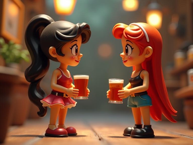 Tiny Town Tavern scene featuring two toy women in miniskirts and tops. They hold glasses of beer and interact humorously in a vibrant tavern. 3D digital cartoon style artwork with exaggerated features and colors.