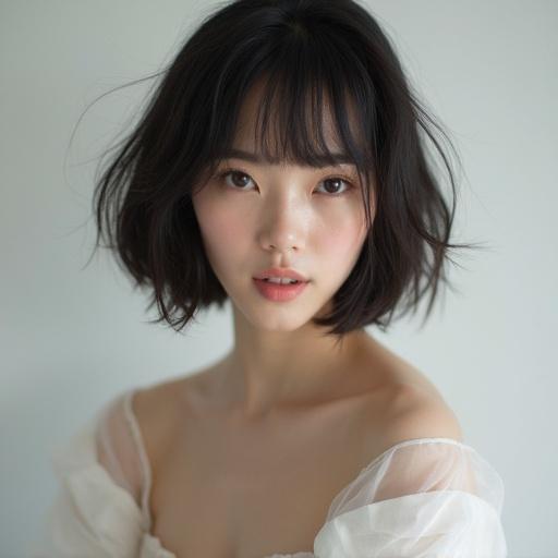 Korean female model with bob cut hairstyle wearing a one-piece outfit. Appears in a soft, natural light setting with a gentle expression.
