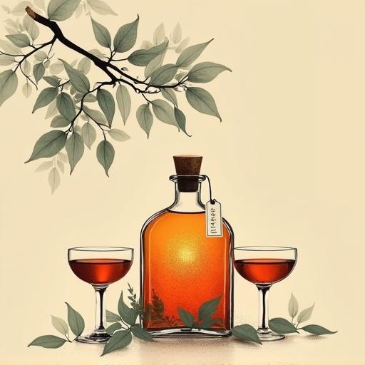 A minimalist screen printing artwork. A scene in a lush orchard. A topless goddess holding a cocktail glass. An apothecary bottle with shimmering elixir nearby. The bottle glows golden-red. Cork lid on top. A hang tag shows 'ALFRUNO'. Two cocktail glasses flank the bottle. Set against a beige background. The mood is mysterious and elegant. It evokes pleasure and seduction. Clean, bold strokes in a minimalist style, composed according to the golden ratio.