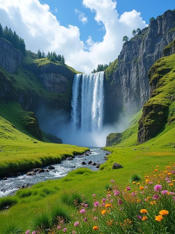 Breathtaking natural landscape featuring a majestic waterfall cascading down a steep cliff into a vibrant valley. Water splashes with mist at the base. Towering grey cliffs with green patches frame the scene. Lush green valley dotted with colorful wildflowers. Clear river flows through the valley reflecting the sky. Bright blue, cloudy sky suggests sunny weather.