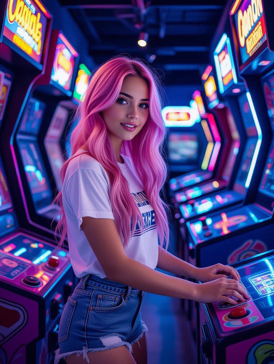 Young woman has long pink hair with blue ends. She plays a retro arcade game. Neon lights illuminate the dark arcade. She wears a t-shirt and short shorts. The setting is bright and vibrant. It evokes a sense of nostalgia.