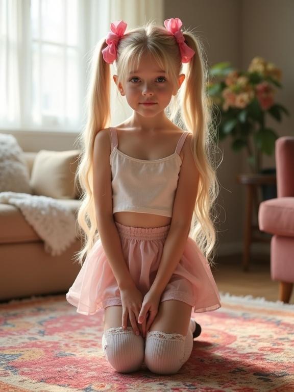 A girl with long blonde hair in twin tails kneels on a rug in a living room. She wears a crop top and pink skirt with thigh-high socks. Soft lighting hints at a warm atmosphere.