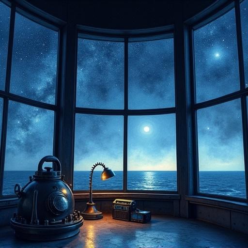 Late at night inside the lighthouse lantern room with darkness and machinery hum. Stars stretch beyond curved glass windows. Ocean visible in moonlight with thermos and radio beside lens. Watercolor style with deep blues and glowing whites.